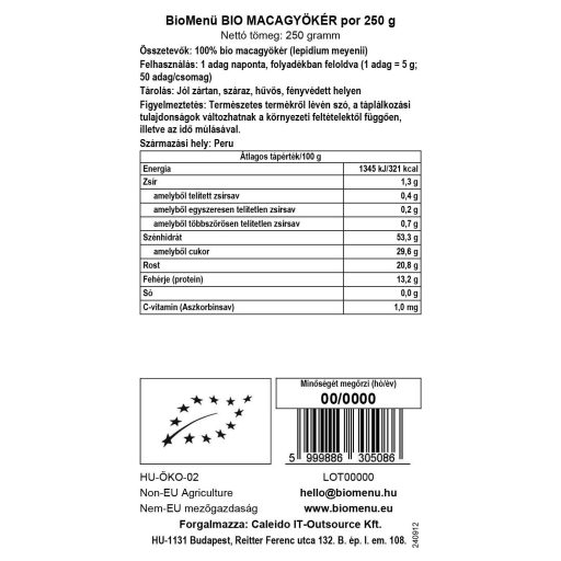 BioMenü Organic Maca Root Powder 250 g data label