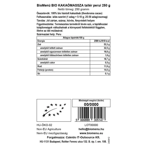 BioMenü BIO KAKAÓMASSZA tallér perui 250 g KÖZEL A LEJÁRAT DÁTUMÁHOZ