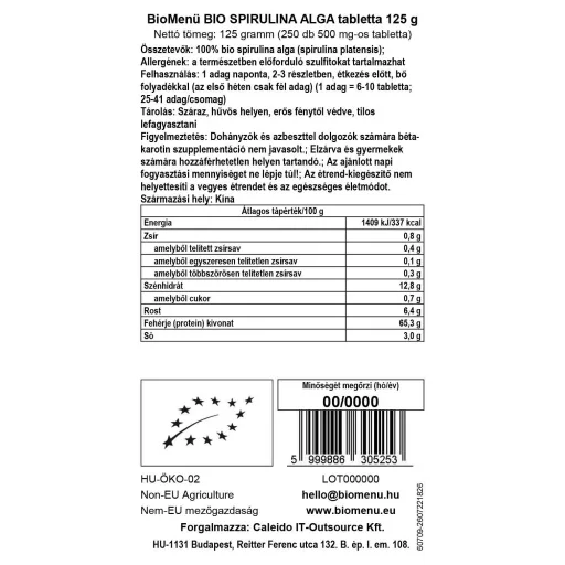 BioMenü Organic Spirulina Alga Tablets 125 g data label