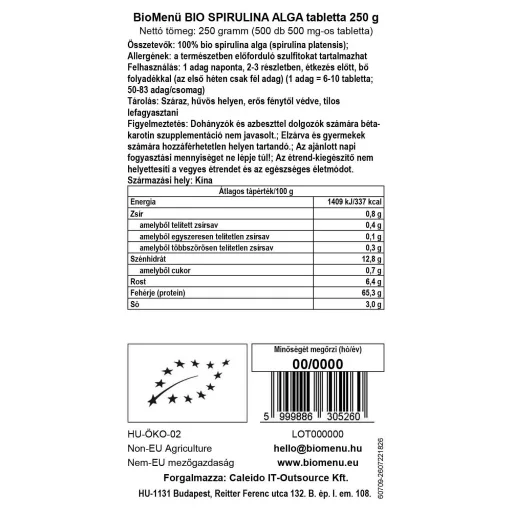 BioMenü Organic Spirulina Alga Tablets 250 g data label