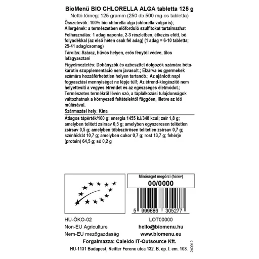 BioMenü Organic Chlorella Alga Tablets 125 g data label