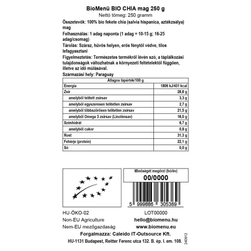 BioMenü Organic Chia Seeds 250 g data label
