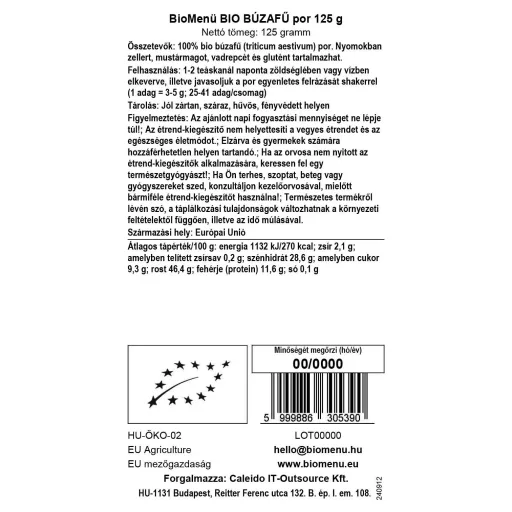 BioMenü Organic Wheatgrass Powder 125 g data label