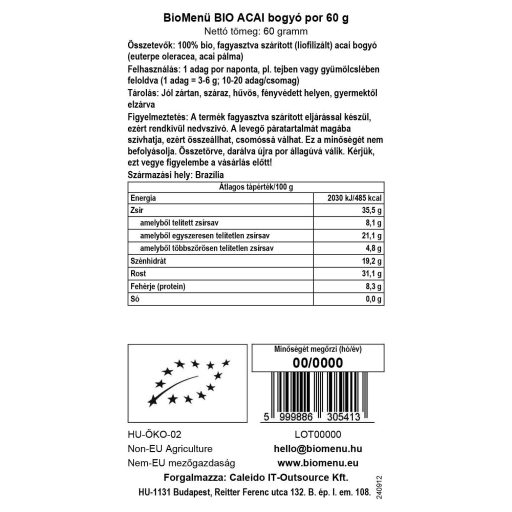 BioMenü Organic Acai Berry Powder 60 g data label