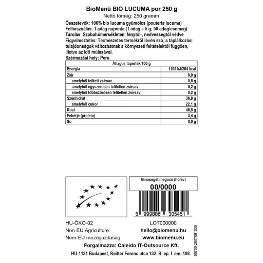 BioMenü Organic Lucuma Powder 250 g data label