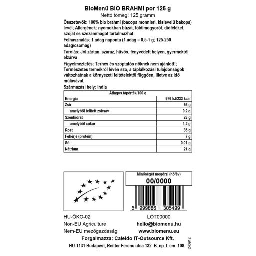 BioMenü Organic Brahmi Powder 125 g data label