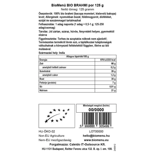 BioMenü Organic Brahmi Powder 125 g data label
