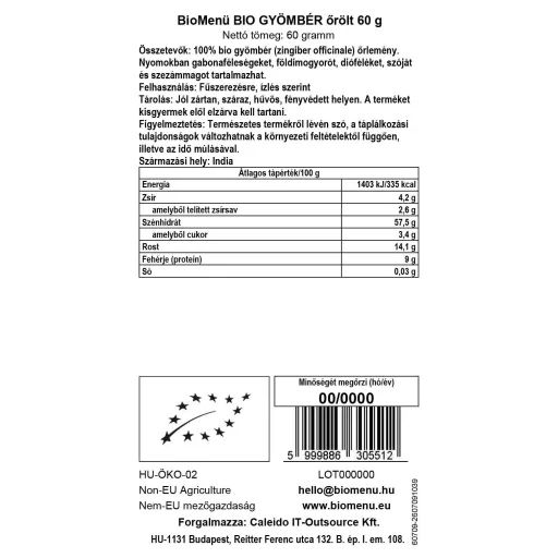 BioMenü Organic GINGER ground 60 g data label