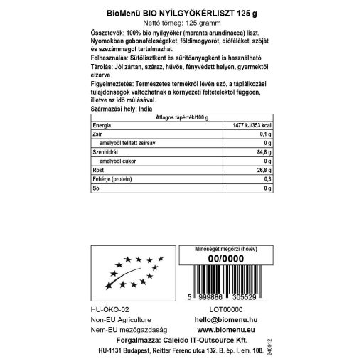 BioMenü Organic Arrowroot Powder 125 g data label