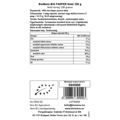 BioMenü Organic White Mulberries 250 g data label