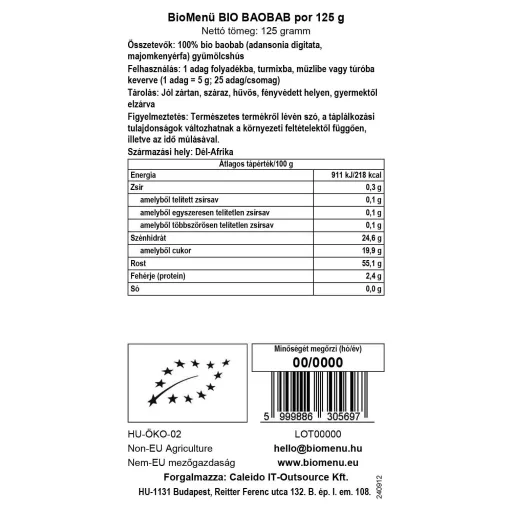 BioMenü Organic Baobab Powder 125 g data label