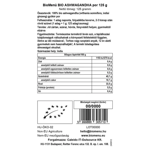 BioMenü Organic Ashwagandha Powder 125 g data label