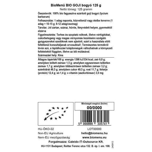 BioMenü Organic Goji Berry 125 g data label
