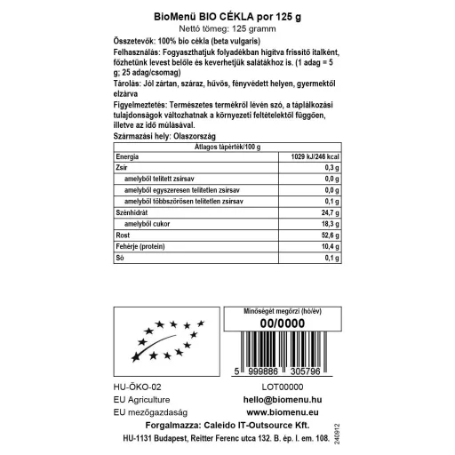 BioMenü Organic Beetroot Powder 125 g data label