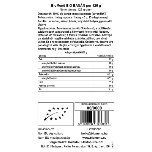 BioMenü Organic Banana Powder 125 g data label