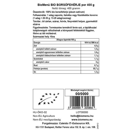 BioMenü Organic Pea Protein Powder 400 g data label