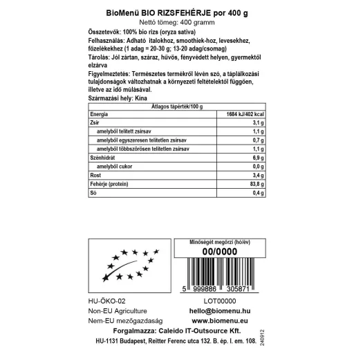 BioMenü Organic Rice Protein Powder 400 g data label