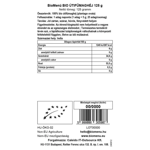 BioMenü Organic Psyllium Husk 125 g data label