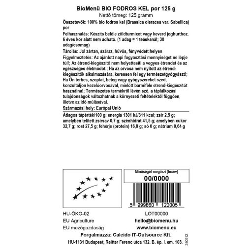 BioMenü Organic Kale Powder 125 g data label