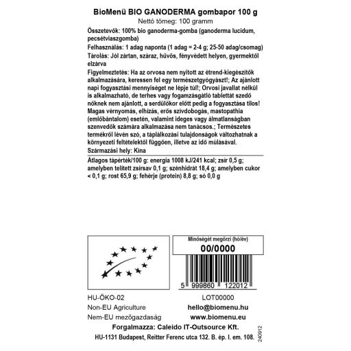 BioMenü Organic Reishi Mushroom Powder 100 g data label
