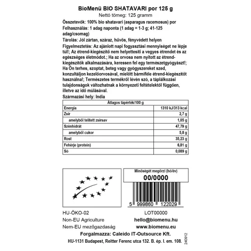 BioMenü Organic Shatavari Powder 125 g data label