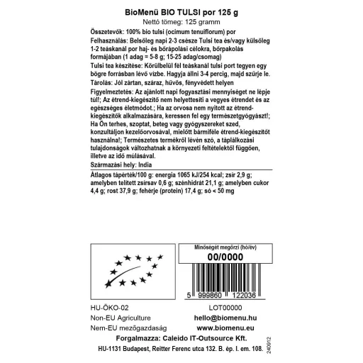 BioMenü Organic Tulsi Powder 125 g data label