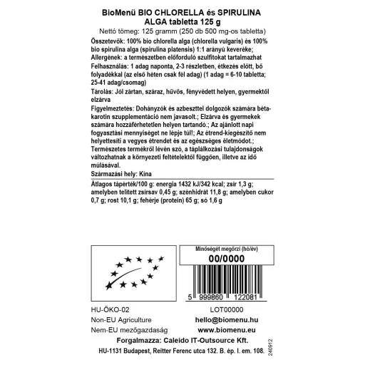 BioMenü Organic Chlorella and Spirulina Alga Tablets 125 g data label