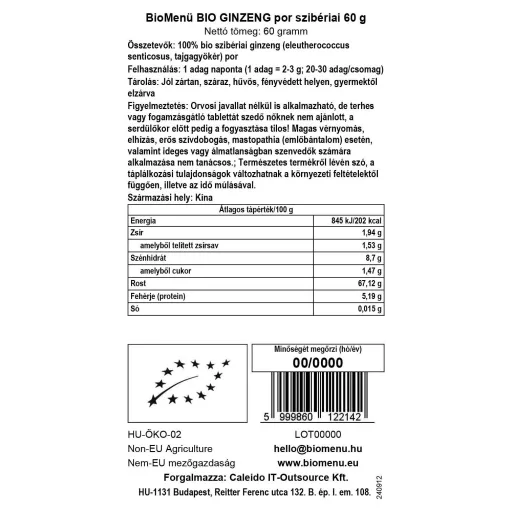 BioMenü Organic Siberian Ginseng powder 60 g data label