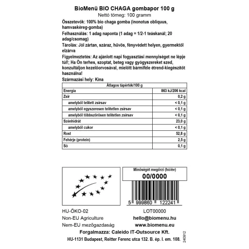 BioMenü Organic Chaga Mushroom Powder 100 g data label