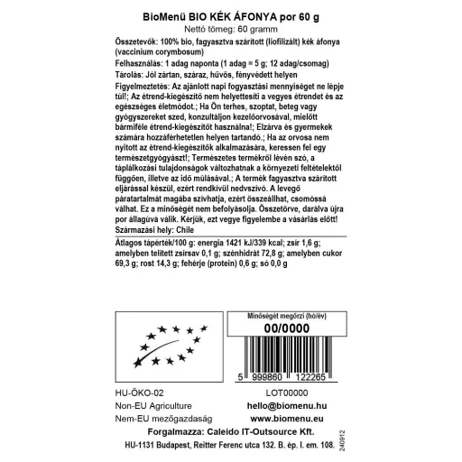 BioMenü Organic Blueberry Powder 60 g data label