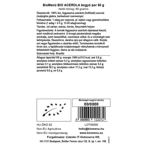 BioMenü Organic Acerola Powder 60 g data label