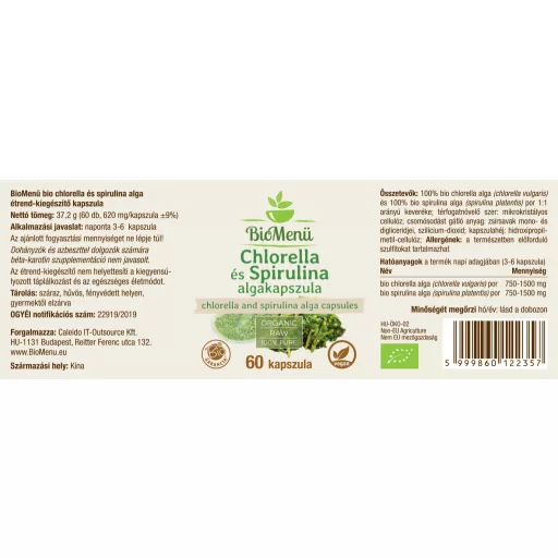 BioMenü Organic Chlorella and Spirulina Alga Capsules 60 pcs label
