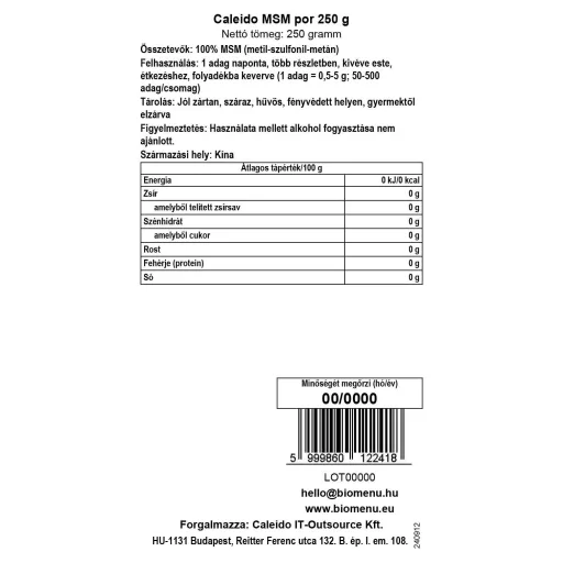 Caleido MSM Powder 250 g data label