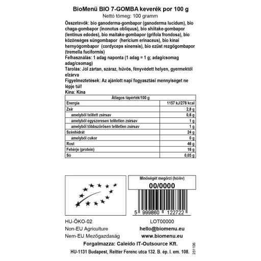 BioMenü Organic 7-Mushroom Blend Powder 100 g data label