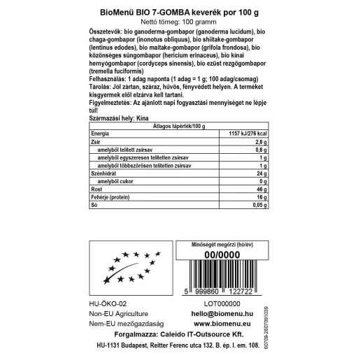 BioMenü Organic 7-MUSHROOM mix powder 100 g data label