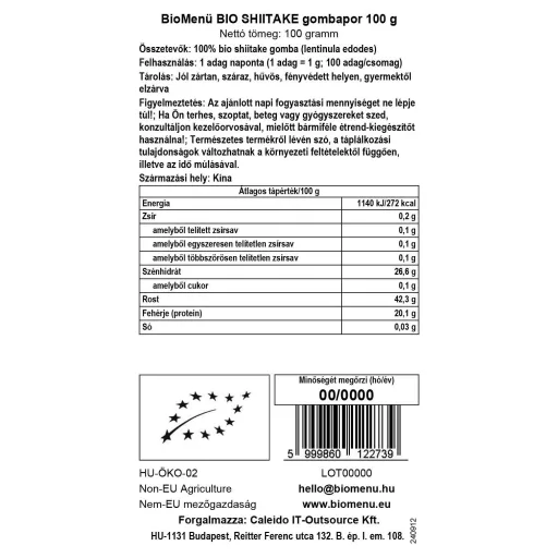 BioMenü Organic Shiitake Mushroom Powder 100 g data label