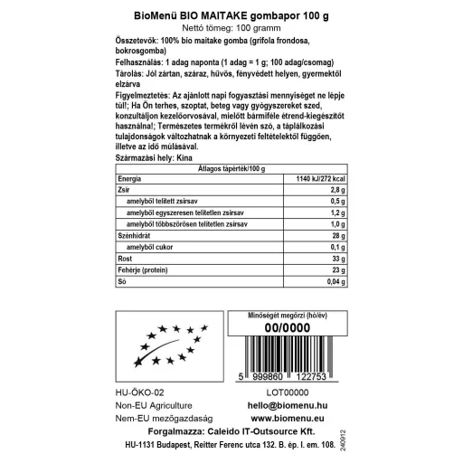 BioMenü Organic Maitake Mushroom Powder 100 g data label