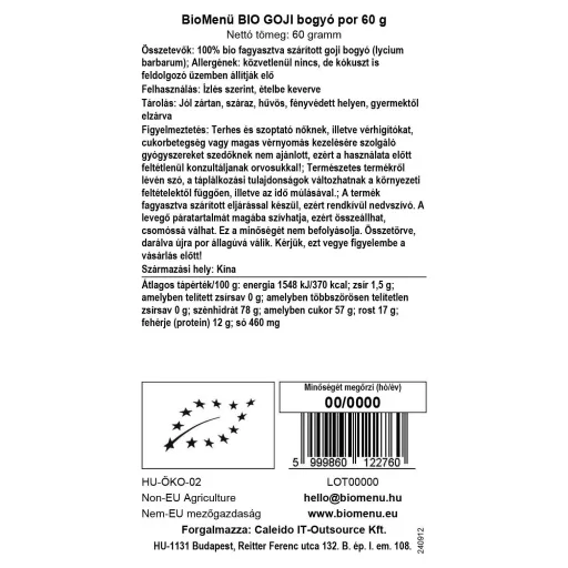 BioMenü Organic Goji Berry Powder 60 g data label
