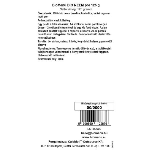 BioMenü Organic Neem Powder 125 g data label