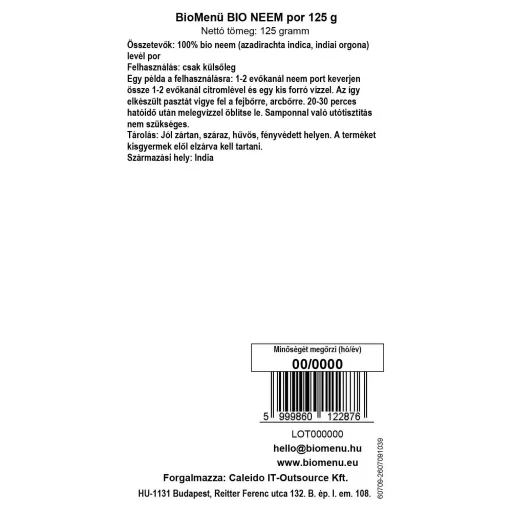 BioMenü Organic Neem Powder 125 g data label