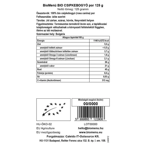 BioMenü Organic Rosehips Powder 125 g data label