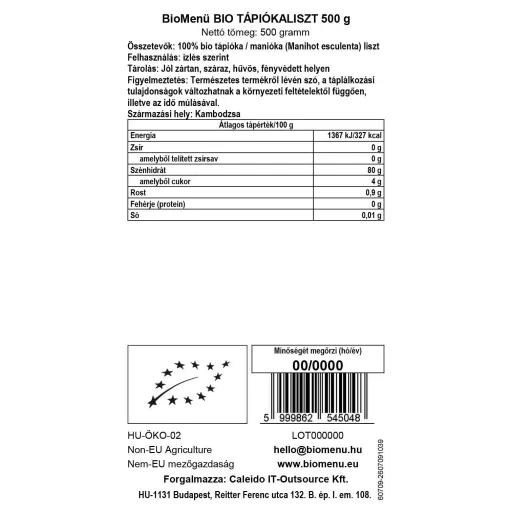 BioMenü Organic Tapioca Flour 500 g data label