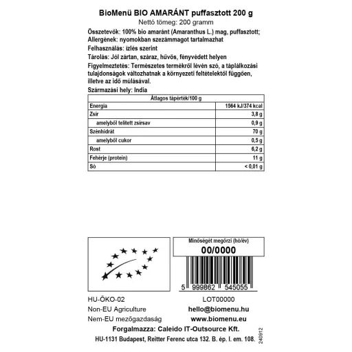 BioMenü Organic Amaranth Puffed 200 g data label