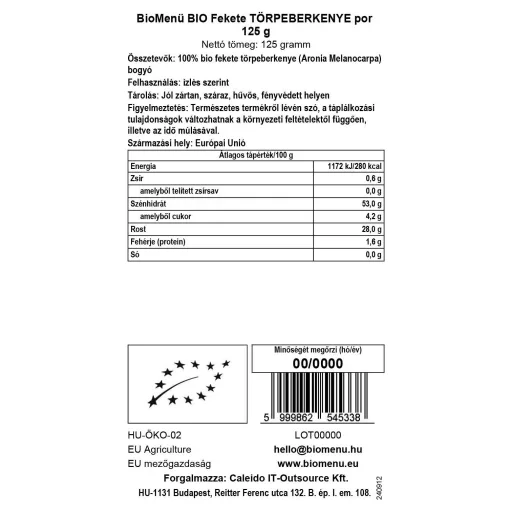 BioMenü Organic Aronia powder 125 g data label