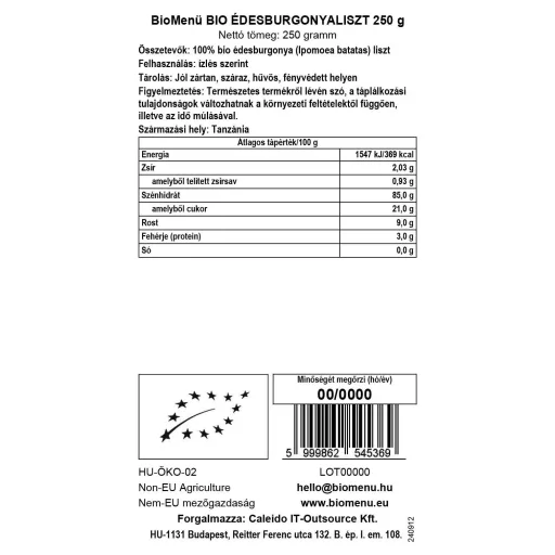 BioMenü Organic Sweet Potato flour 250 g data label