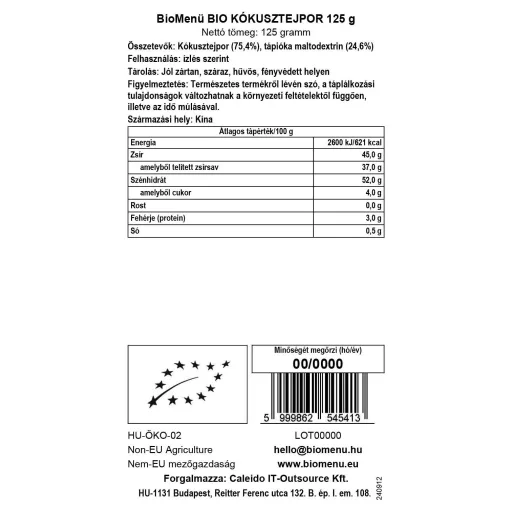 BioMenü Organic Coconut Milk powder 125 g data label