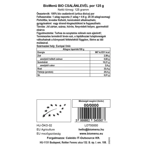 BioMenü Organic Nettle Leaf Powder 125 g data label