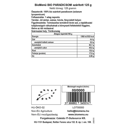 BioMenü Organic Tomatoes, Dried 125 g data label
