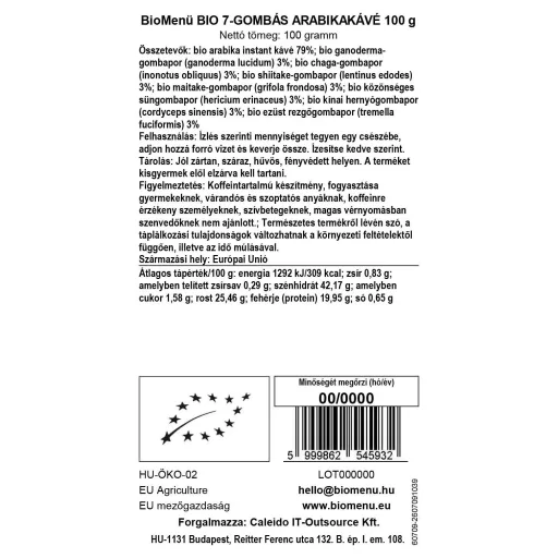 BioMenü Bio 7-Mushroom Arabica Coffee 100 g data label